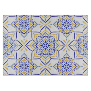 Majestic Bloom  Elegant Blue and Gold Floral Mosai Cutting Board