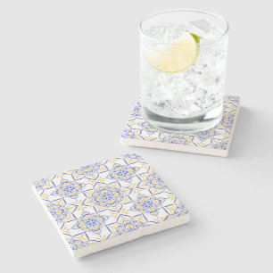 Majestic Bloom Elegant Blue and Gold Floral Mosai Stone Coaster