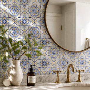 Majestic Bloom  Elegant Blue and Gold Floral Mosai Tile
