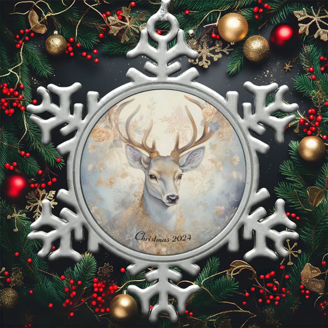 Majestic Blue and Gold Christmas Reindeer Snowflake Pewter Christmas Ornament (Creator Uploaded)
