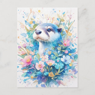 Majestic Blue Otter in Spring Floral Meadow Postcard