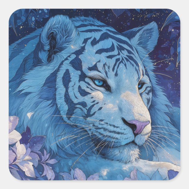 Majestic Blue Tiger in Lush Lavender Garden Square Sticker (Front)