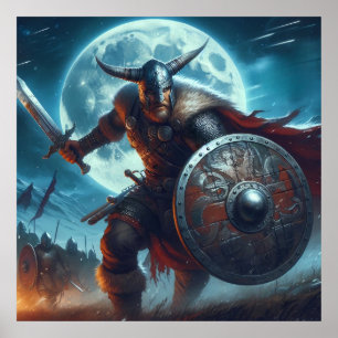 Majestic Blue-Toned moonlit Viking scene Poster