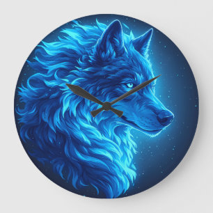 Majestic Blue Wolf Glowing Fantasy Wildlife Art Large Clock