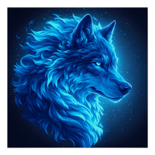 Majestic Blue Wolf Glowing Fantasy Wildlife Art Poster