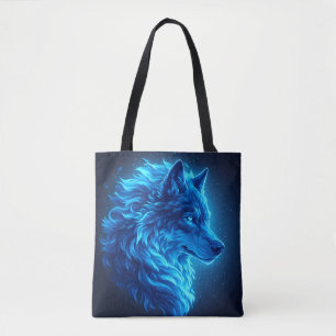 Majestic Blue Wolf Glowing Fantasy Wildlife Art Tote Bag