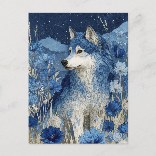 Majestic Blue Wolf in Starry Blossom Garden Postcard (Front)