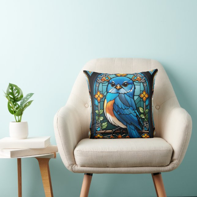 Majestic Bluebird Perched on Stained Glass Window Cushion (Chair)