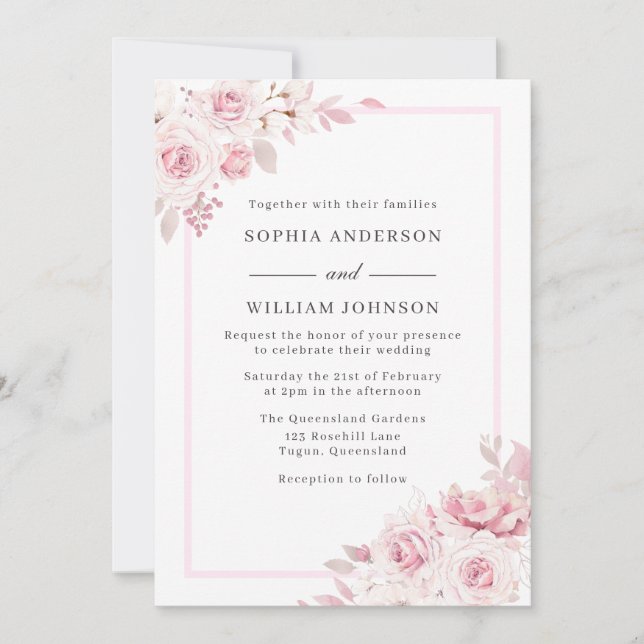 Majestic Blush Beautiful Floral Watercolor Wedding Invitation (Front)