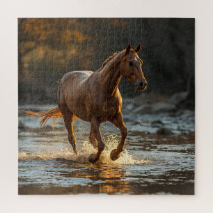 Majestic Brown Horse Galloping Through Water at Go Jigsaw Puzzle