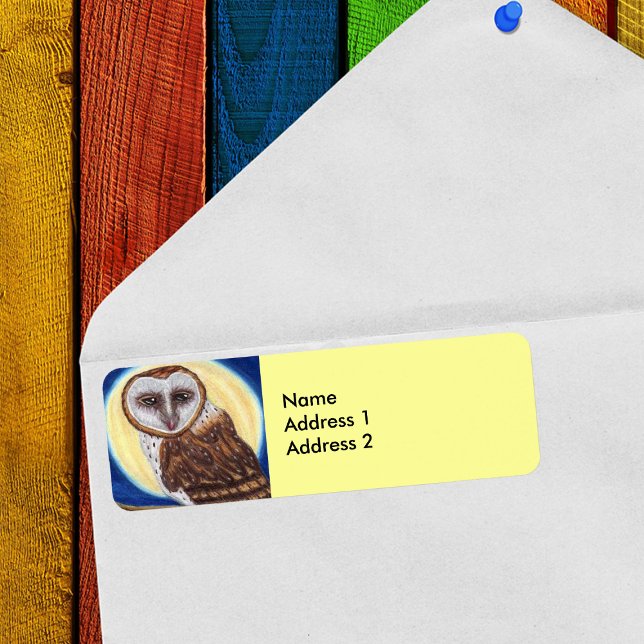 Majestic Brown Spotted Owl Moon (Brown and white owl in blue night sky in front of moon on yellow return address labels.)
