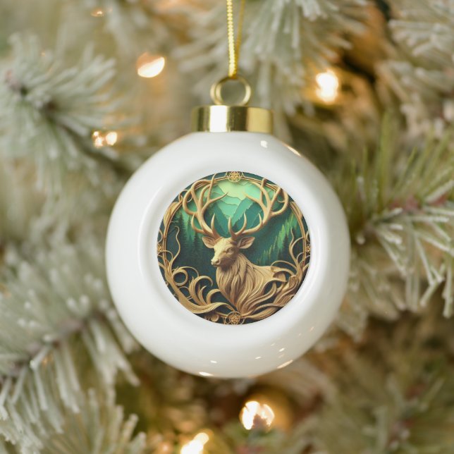 Majestic buck gazing out into a serene forest  ceramic ball christmas ornament (Tree)