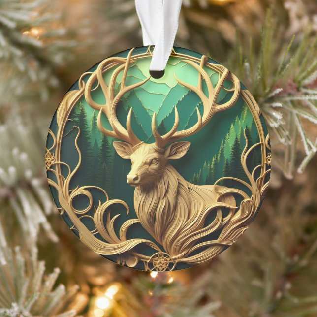 Majestic buck gazing out into a serene forest  ornament (Tree)
