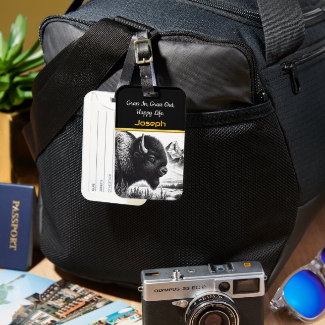 Majestic Buffalo Grazing Near Rugged Mountains Luggage Tag (Front & Back)