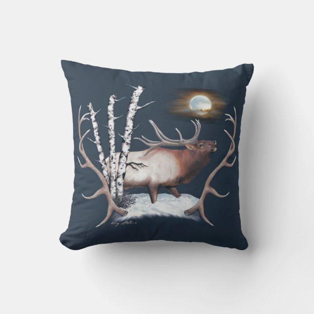 Majestic Bull Elk Bugling In The Moonlight Cushion (Front)