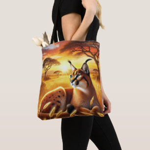 Majestic Caracal at Sunrise in African Savannah Tote Bag