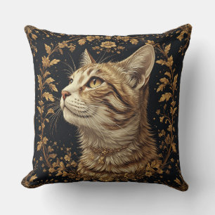 Majestic Cat with Ornate Floral Golden Details Cushion