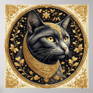 Majestic Cat with Ornate Floral Golden Details Poster
