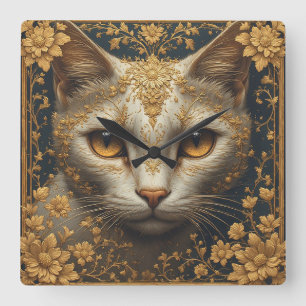 Majestic Cat with Ornate Floral Golden Details Square Wall Clock