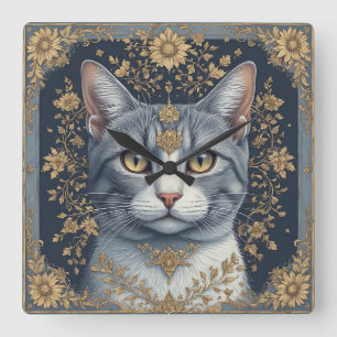 Majestic Cat with Ornate Floral Golden Details Square Wall Clock