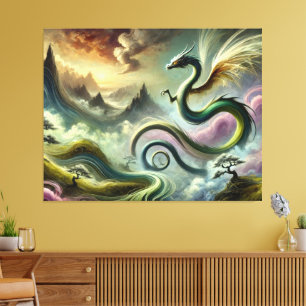 Majestic Celestial Dragon Over Fantasy Mountains Canvas Print
