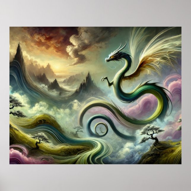 Majestic Celestial Dragon Over Fantasy Mountains Poster (Front)