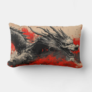 Majestic Chinese Dragon with Red Ink Splatter Lumbar Cushion