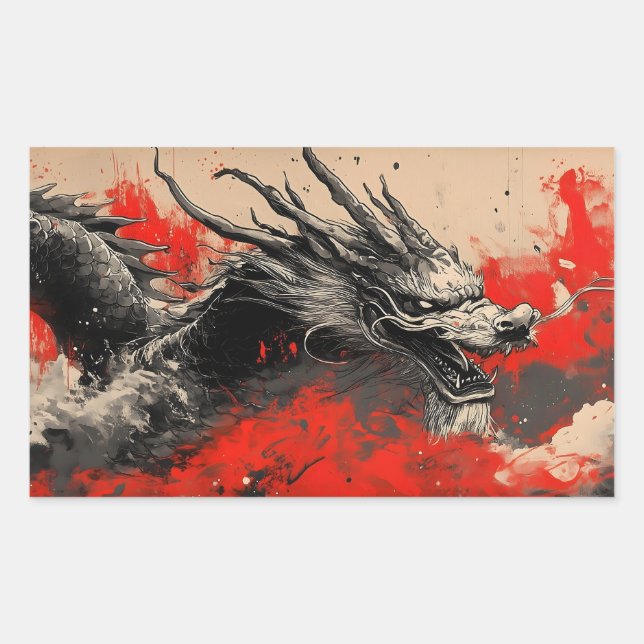 Majestic Chinese Dragon with Red Ink Splatter  Rectangular Sticker (Front)