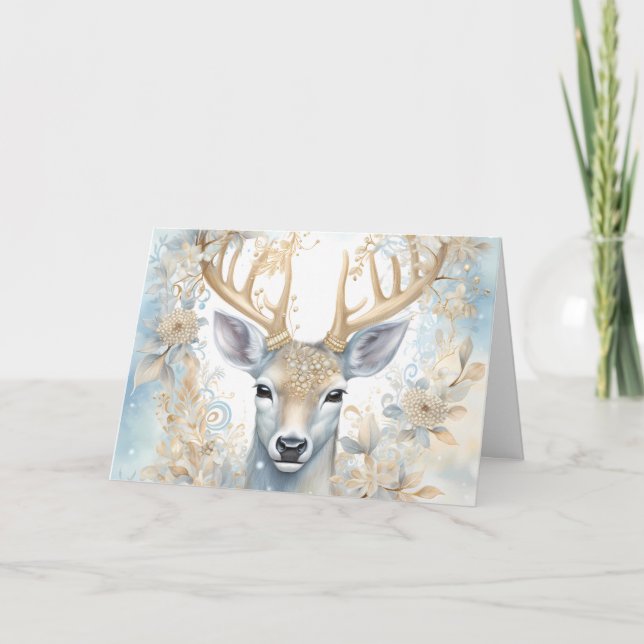 Majestic Christmas Deer in Blue and Gold  Card (Front)