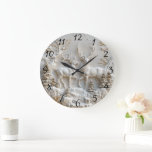 Majestic Christmas Reindeer Decor Large Clock<br><div class="desc">A stunning winter wonderland unfolds with intricately designed clocks adorned with serene reindeer. Snow-covered trees and twinkling stars create a magical atmosphere,  evoking the spirit of Christmas. The blend of gold accents adds a luxurious touch.</div>