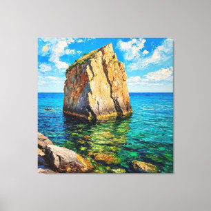 Majestic Coastal Rock Against a Bright Blue Ocean Canvas Print