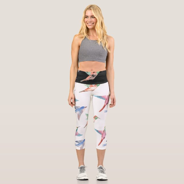 Majestic Colourful Birds Design Capri Leggings (Front)