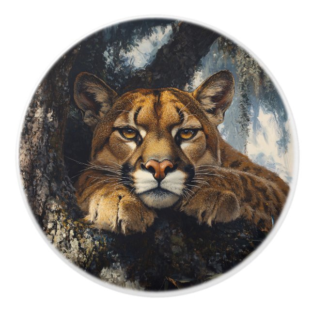 Majestic Cougar in Forest Ceramic Knob (Front)