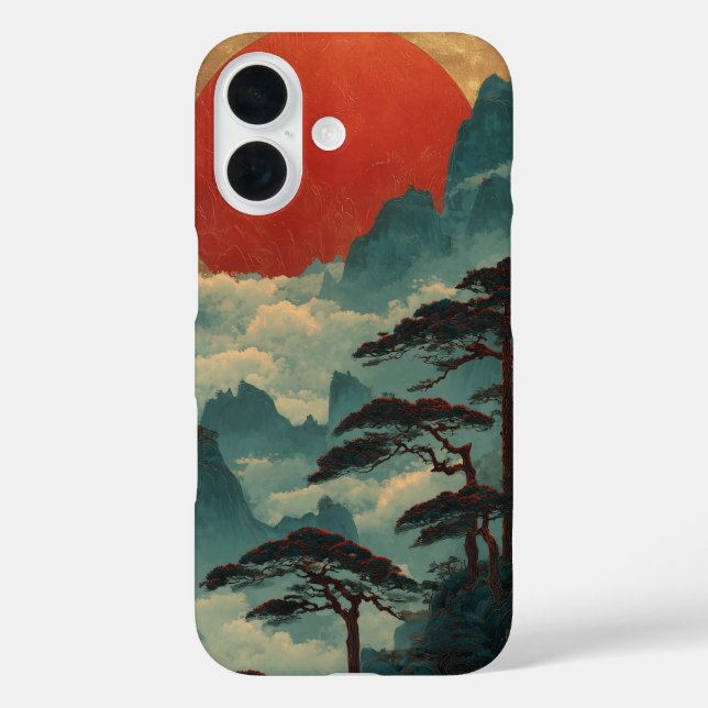 Majestic Crimson Sun & Misty Teal Mountains Case-Mate iPhone Case (Back)