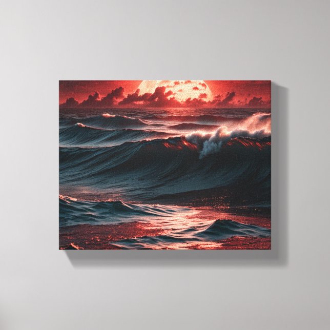  Majestic Crimson Sunset Ocean Waves Canvas Print (Front)