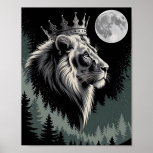 Majestic Crowned Lion Moon Forest Poster