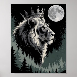 Majestic Crowned Lion Moon Forest Poster