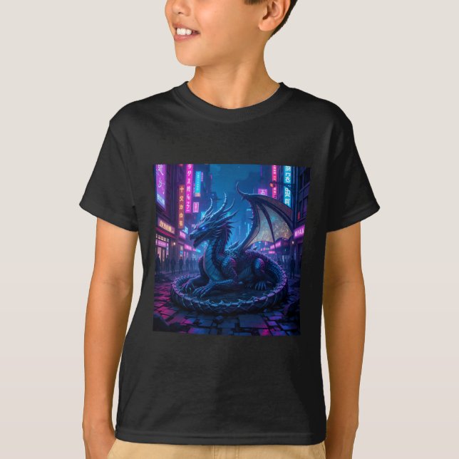 Majestic Cyberpunk Dragon Resting In Neon City Sti T-Shirt (Front)