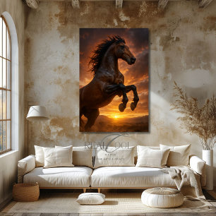 Majestic Dark Bay Horse Rearing in Crimson Light Poster