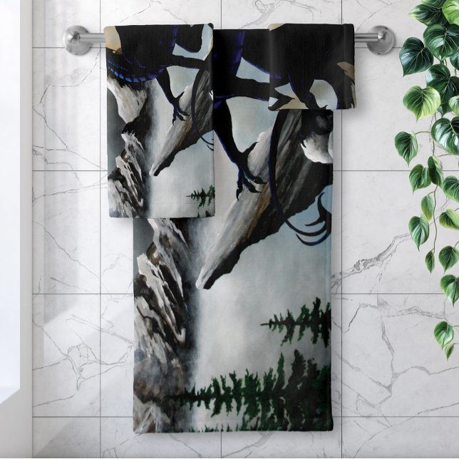Majestic Dark Dragon Black Fantasy Mountains  Bath Towel Set (Creator Uploaded)