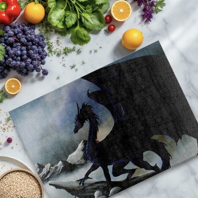 Majestic Dark Dragon Black Fantasy Mountains  Cutting Board (Creator Uploaded)