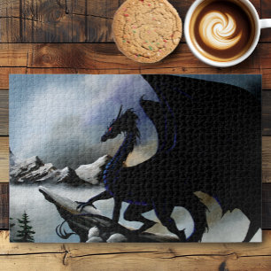 Majestic Dark Dragon Black Fantasy Mountains  Jigsaw Puzzle