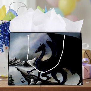 Majestic Dark Dragon Black Fantasy Mountains Large Gift Bag