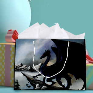 Majestic Dark Dragon Black Fantasy Mountains Large Gift Bag