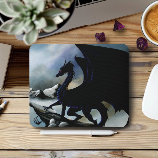 Majestic Dark Dragon Black Fantasy Mountains  Mouse Pad (Creator Uploaded)