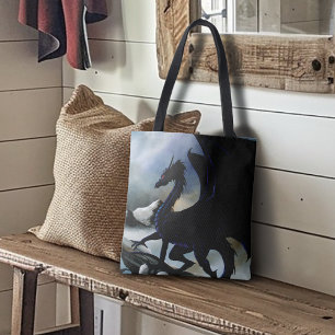Majestic Dark Dragon Black Fantasy Mountains  Tote Bag