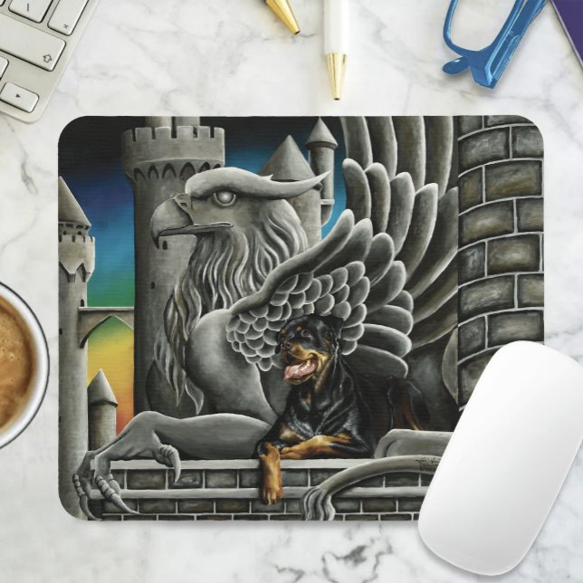 Majestic Dark Fantasy Rottweiler Gargoyle Castle Mouse Pad (Creator Uploaded)