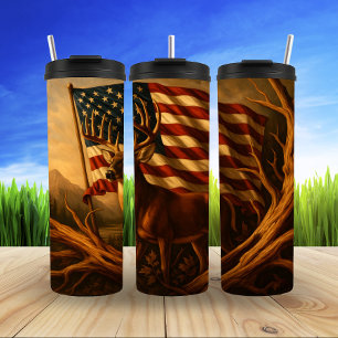 Majestic Deer Beneath American Flag Thermal Tumbler