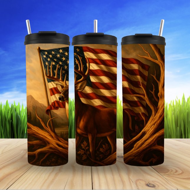 Majestic Deer Beneath American Flag Thermal Tumbler (Creator Uploaded)