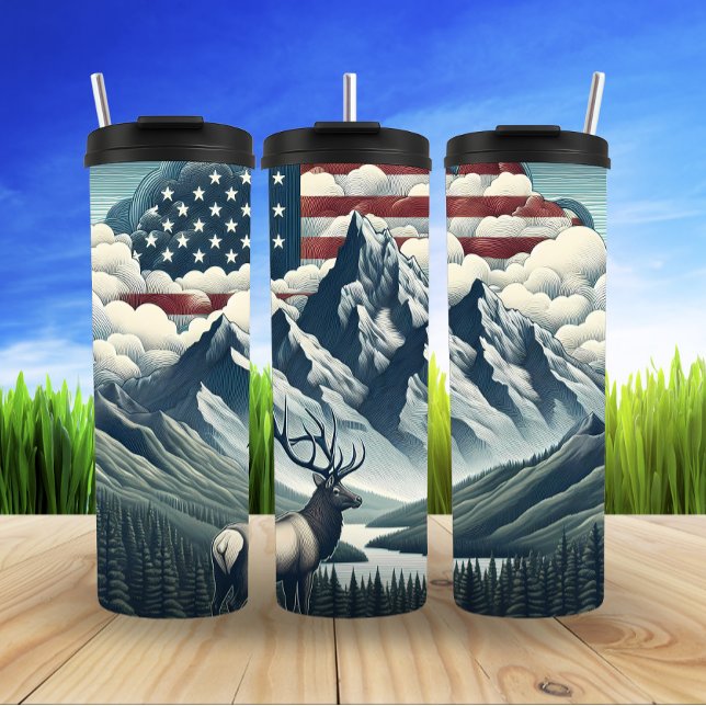 Majestic Deer Beneath American Skies Thermal Tumbler (Creator Uploaded)